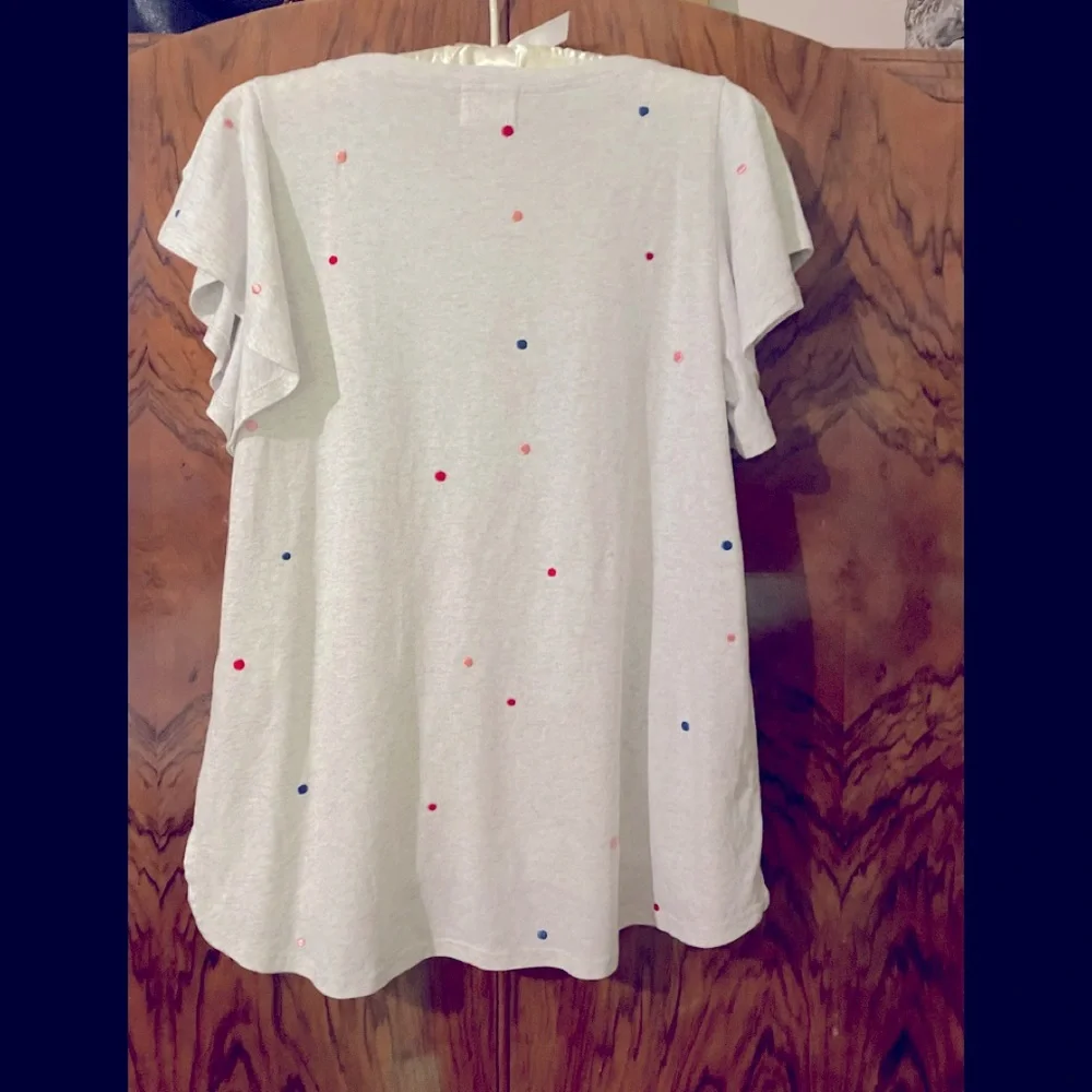Anthropologie Flutter Sleeve Tee with multi colored embroidered Swiss Dots. - Picture 6 of 15
